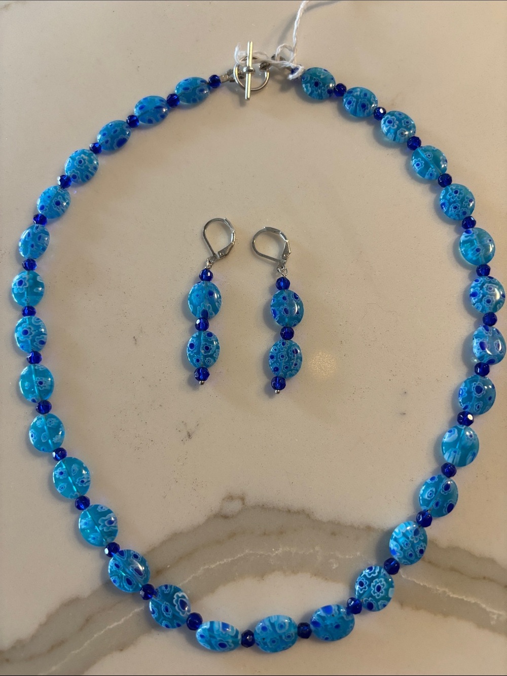 Handmade Blue Glass Bead Necklace and Earring Set